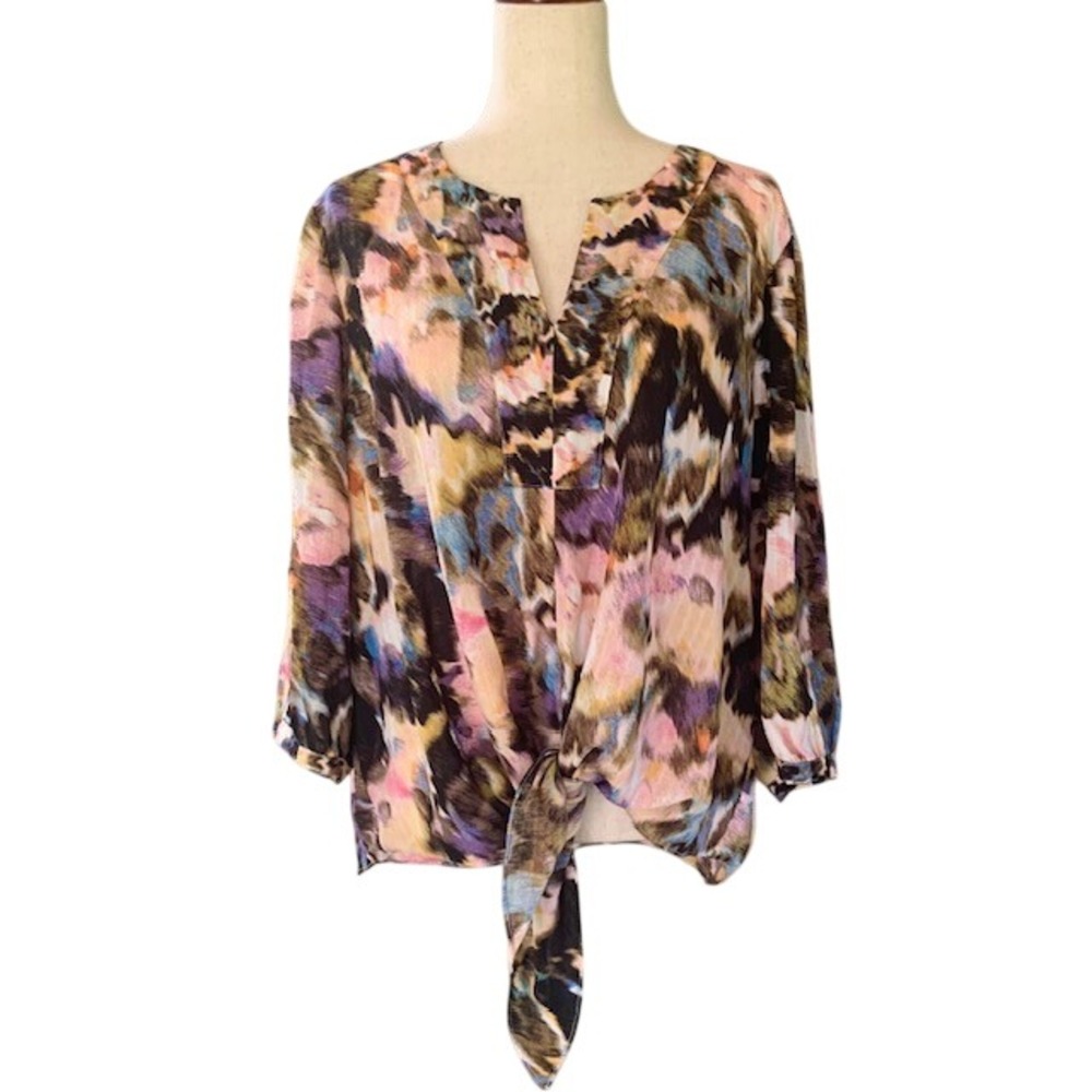 Rose + Olive Watercolor Abstract Tie Front Blouse 2X Boho Artsy Split Neck Top